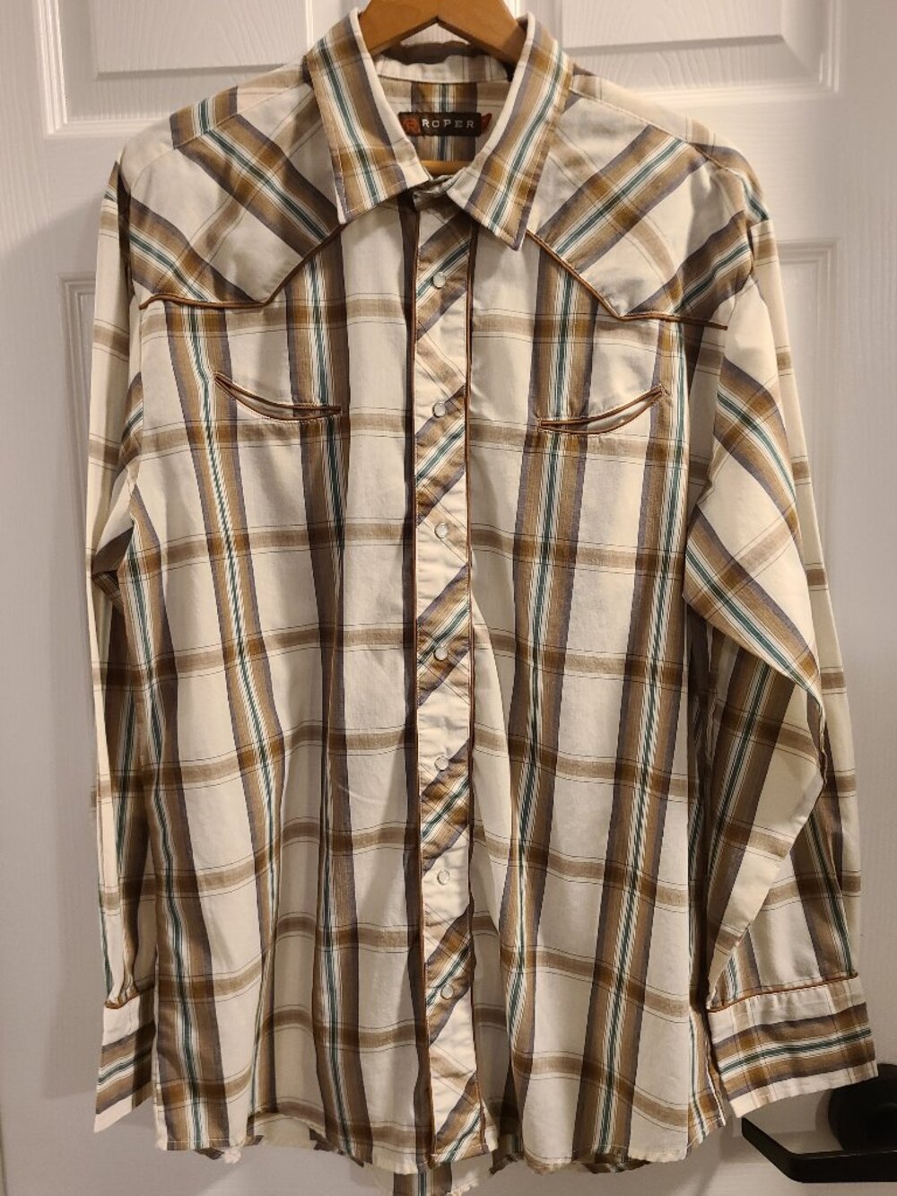 Vintage Late 1980's Mens Roper Western Plaid L/S Shirt Size: XL Brown Cream